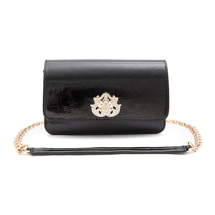 BOLSA CARTEIRA FOREVER IN  LOVE COURO GLOSS PRETO COM FECHO CRISTAL/ OURO