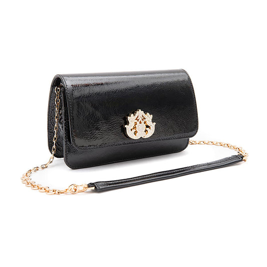BOLSA CARTEIRA FOREVER IN  LOVE COURO GLOSS PRETO COM FECHO CRISTAL/ OURO