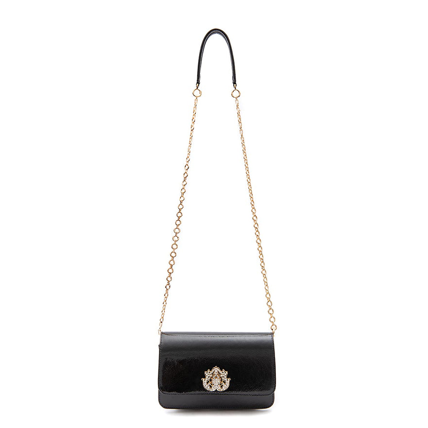 BOLSA CARTEIRA FOREVER IN  LOVE COURO GLOSS PRETO COM FECHO CRISTAL/ OURO