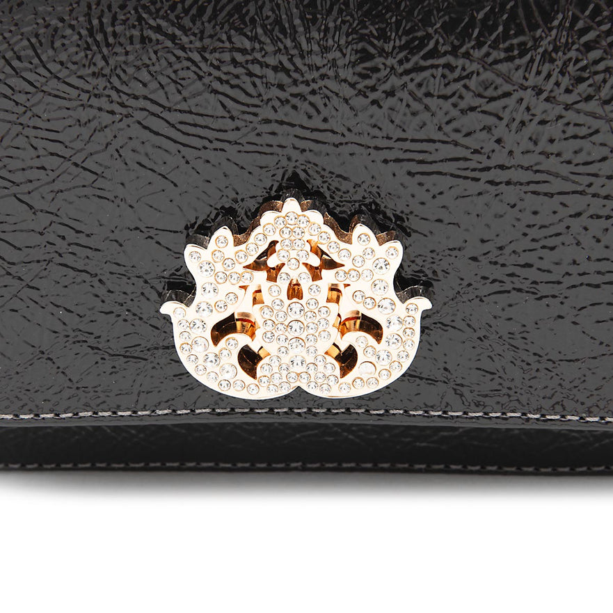 BOLSA CARTEIRA FOREVER IN  LOVE COURO GLOSS PRETO COM FECHO CRISTAL/ OURO