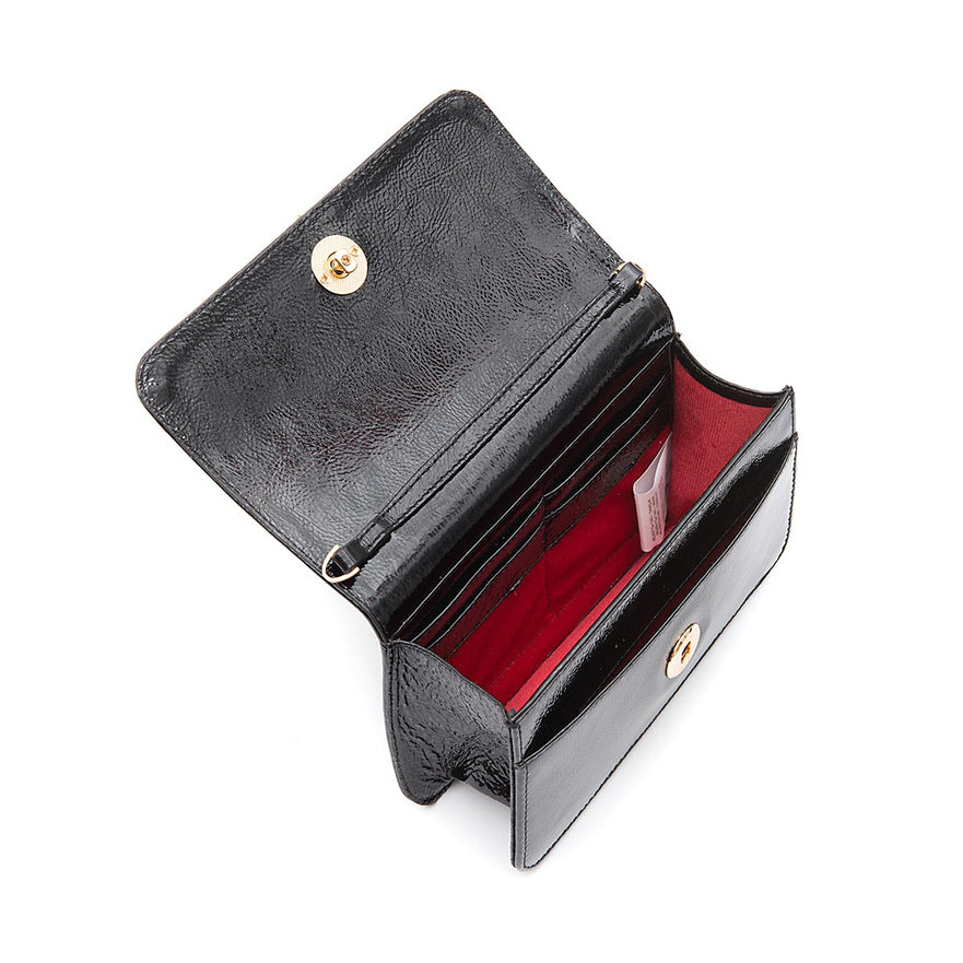 BOLSA CARTEIRA FOREVER IN  LOVE COURO GLOSS PRETO COM FECHO CRISTAL/ OURO