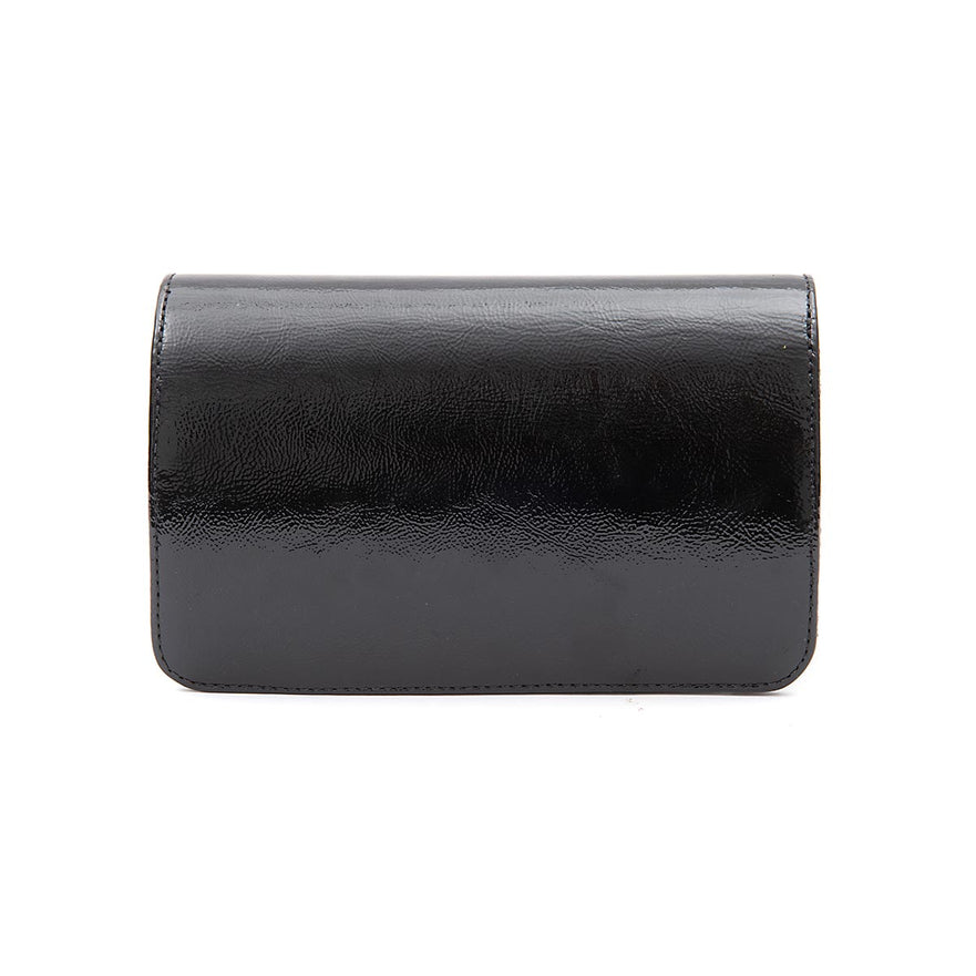 BOLSA CARTEIRA FOREVER IN  LOVE COURO GLOSS PRETO COM FECHO CRISTAL/ OURO