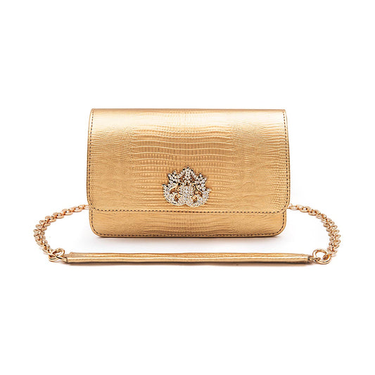BOLSA CARTEIRA FOREVER IN LOVE LIZARD OURO COM FECHO CRISTAL/ OURO