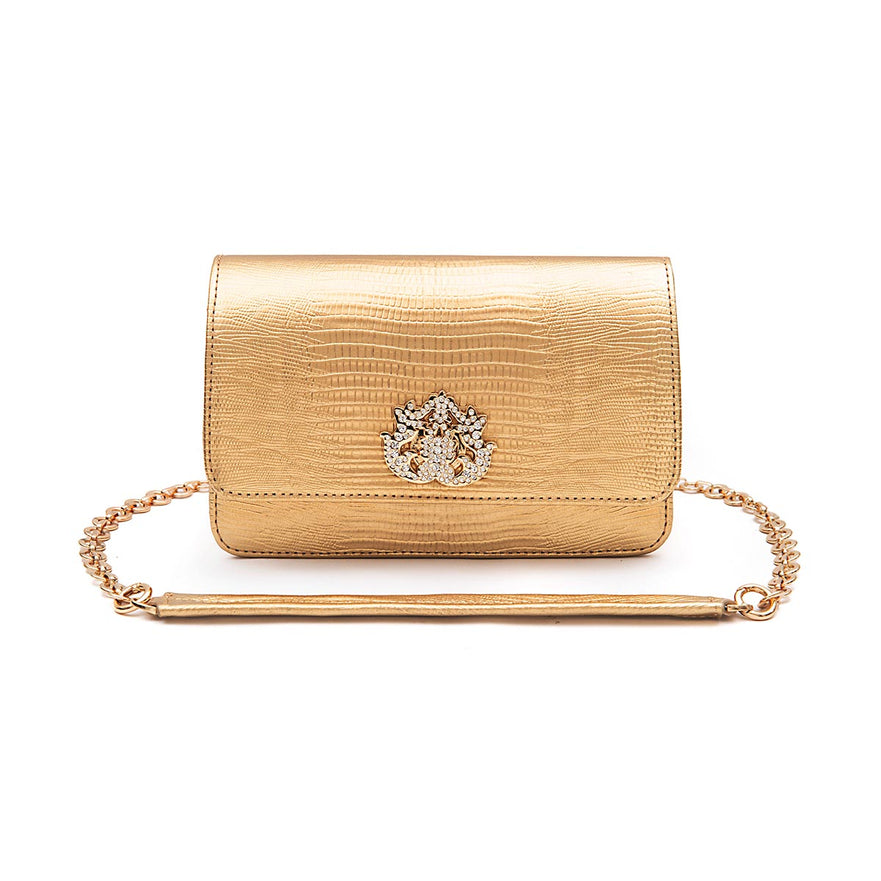 BOLSA CARTEIRA FOREVER IN LOVE LIZARD OURO COM FECHO CRISTAL/ OURO