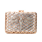 BOLSA CLUTCH METAL TRAMA COM LIBÉLULA EM CRISTAIS OURO ROSA
