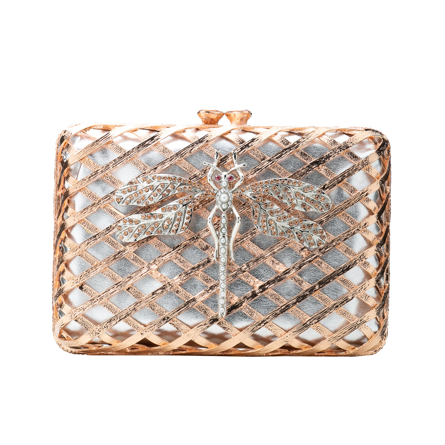 BOLSA CLUTCH METAL TRAMA COM LIBÉLULA EM CRISTAIS OURO ROSA