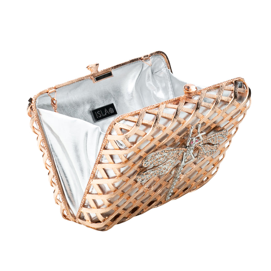 BOLSA CLUTCH METAL TRAMA COM LIBÉLULA EM CRISTAIS OURO ROSA