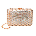 BOLSA CLUTCH METAL TRAMA COM LIBÉLULA EM CRISTAIS OURO ROSA