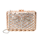 BOLSA CLUTCH METAL TRAMA COM LIBÉLULA EM CRISTAIS OURO ROSA