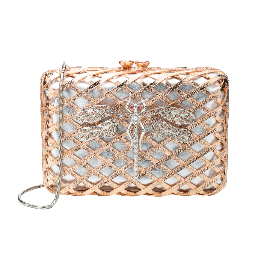 BOLSA CLUTCH METAL TRAMA COM LIBÉLULA EM CRISTAIS OURO ROSA