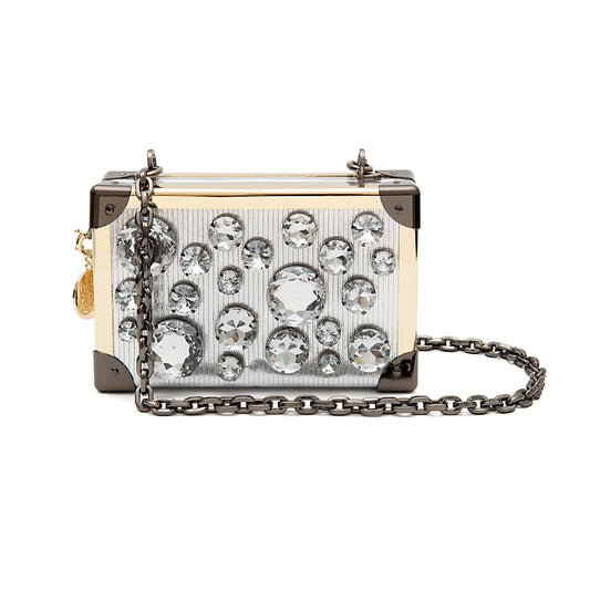 CLUTCH TRUNK EM COURO METALIZADO COM CRISTAIS PRATA