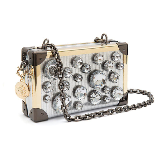 CLUTCH TRUNK EM COURO METALIZADO COM CRISTAIS PRATA