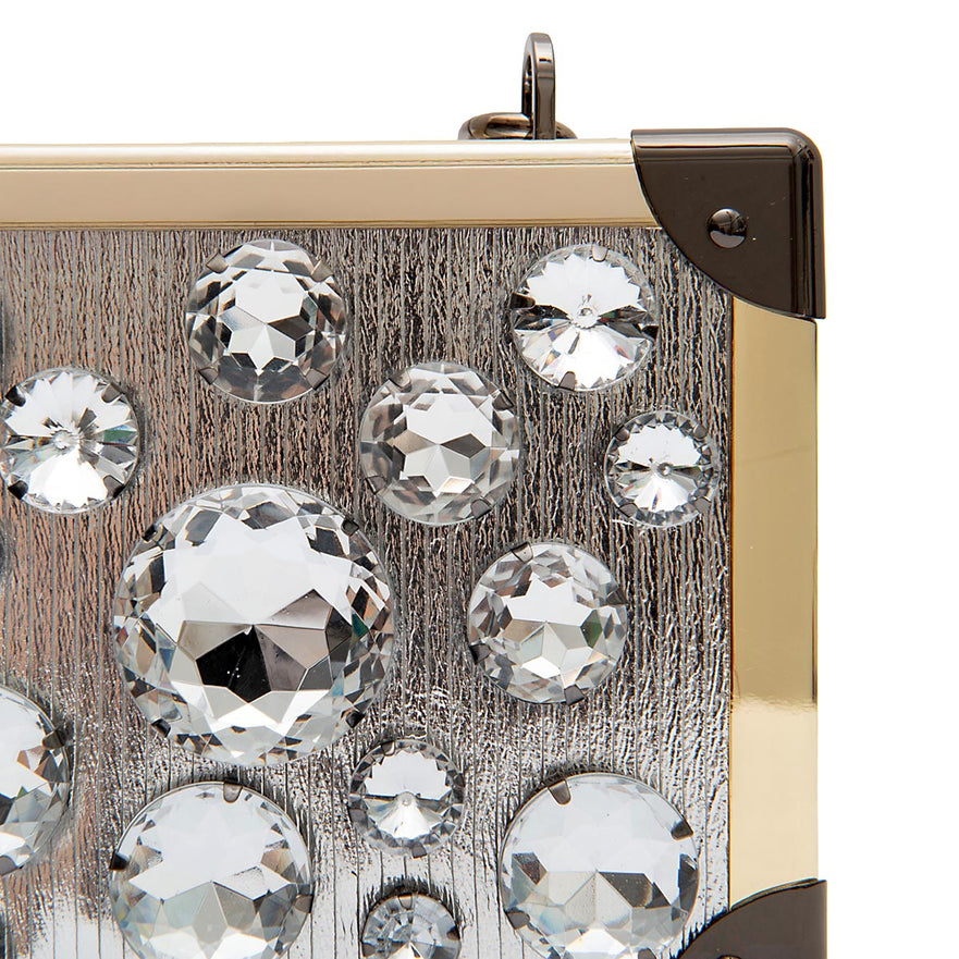 CLUTCH TRUNK EM COURO METALIZADO COM CRISTAIS PRATA