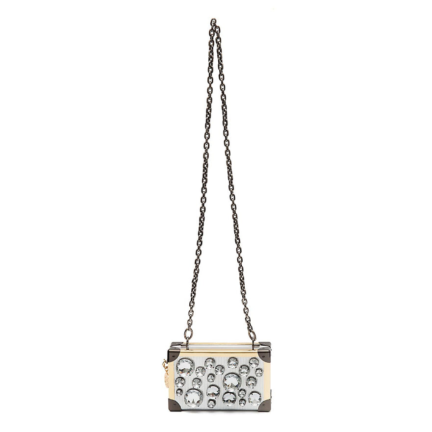 CLUTCH TRUNK EM COURO METALIZADO COM CRISTAIS PRATA