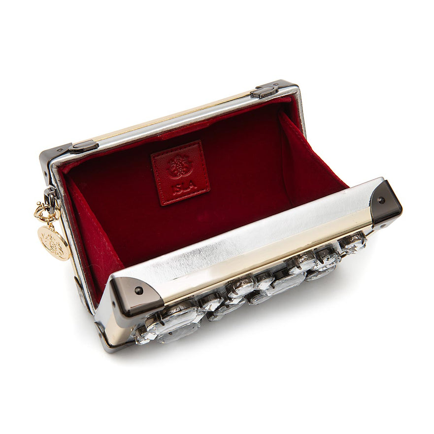 CLUTCH TRUNK EM COURO METALIZADO COM CRISTAIS PRATA