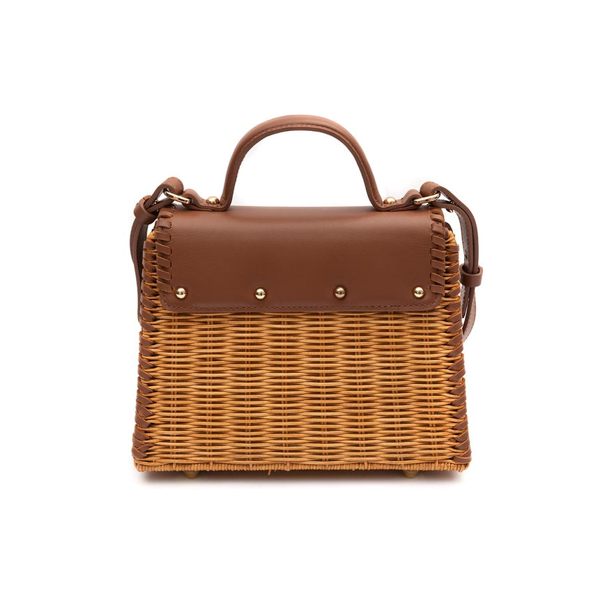 SELENE TOP HANDLE RATTAN E COURO CARAMELO