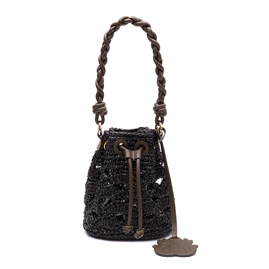 BUCKET CROCHÊ MONOGRAMA-SOFT OLIVA/RAFIA PRETA