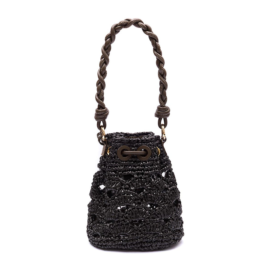 BUCKET CROCHÊ MONOGRAMA-SOFT OLIVA/RAFIA PRETA