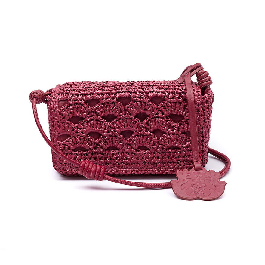 BOLSA  FLAP CROCHê MONOGRAMA SOFT CHERRY/RAFIA BURGUNDY