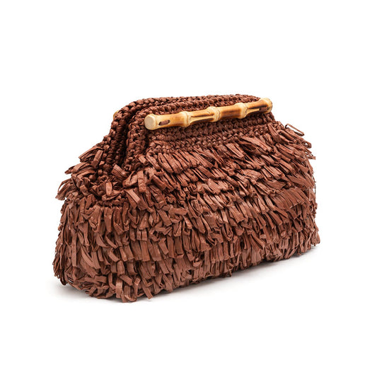 BOLSA POUCH FRANJA DE RAFIA E BAMBU