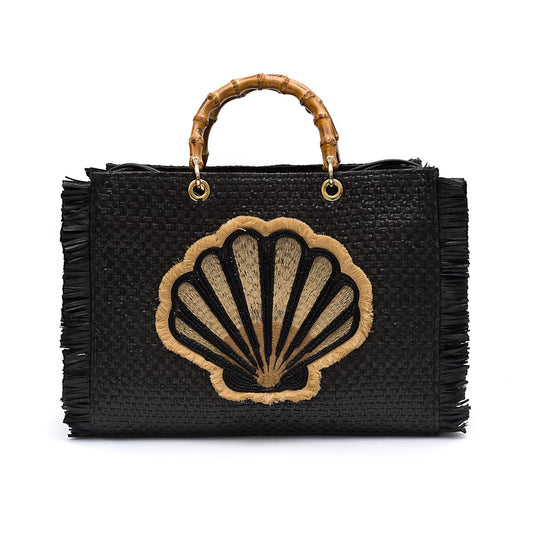 BLACK DAMIER STRAW TOTE BAG SHELL