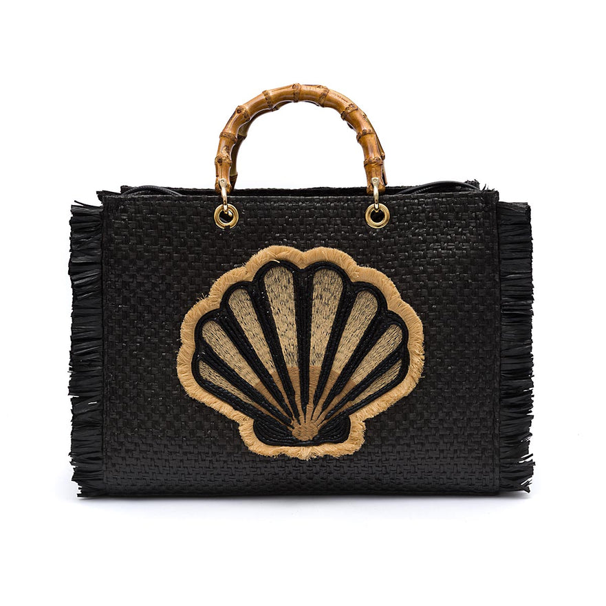 BOLSA TOTE PALHA DAMIER PRETA CONCHA