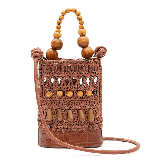 BOLSA BUCKET CORA RAFIA CASTANHO CACAU