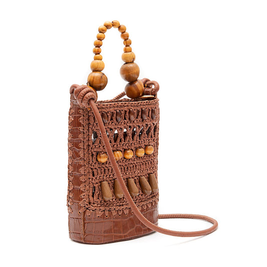 BOLSA BUCKET CORA RAFIA CASTANHO CACAU