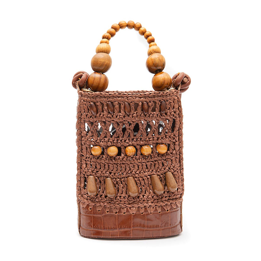 BOLSA BUCKET CORA RAFIA CASTANHO CACAU