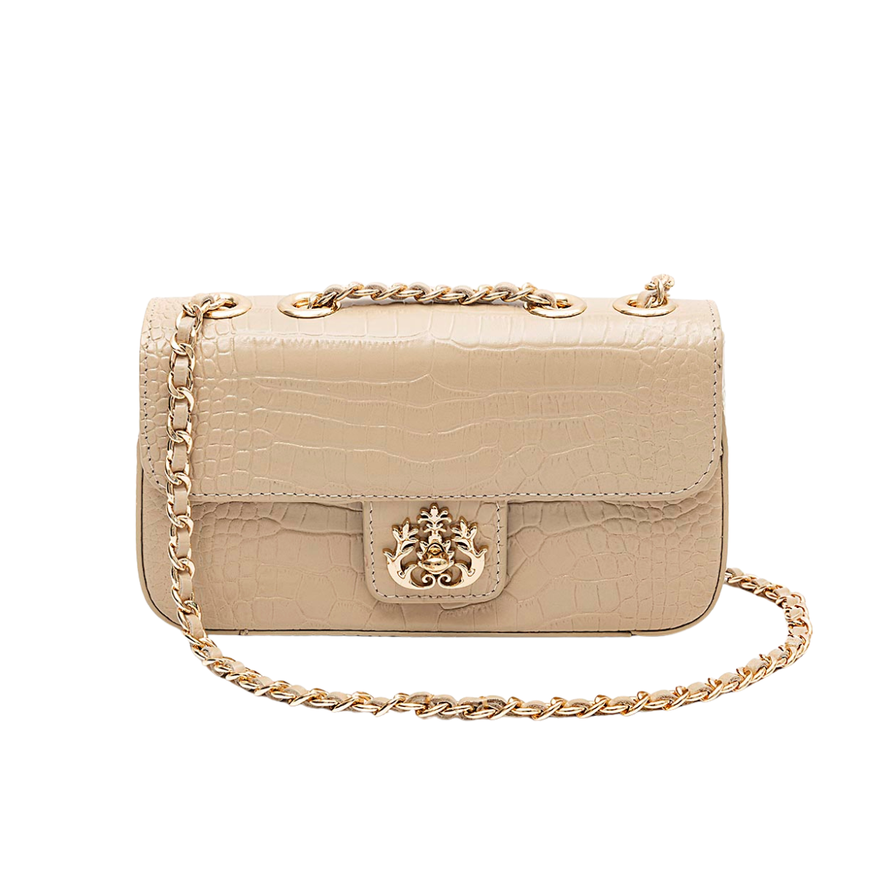 BOLSA ANNE EM COURO NATUAL NEW CROCO NATA OURO