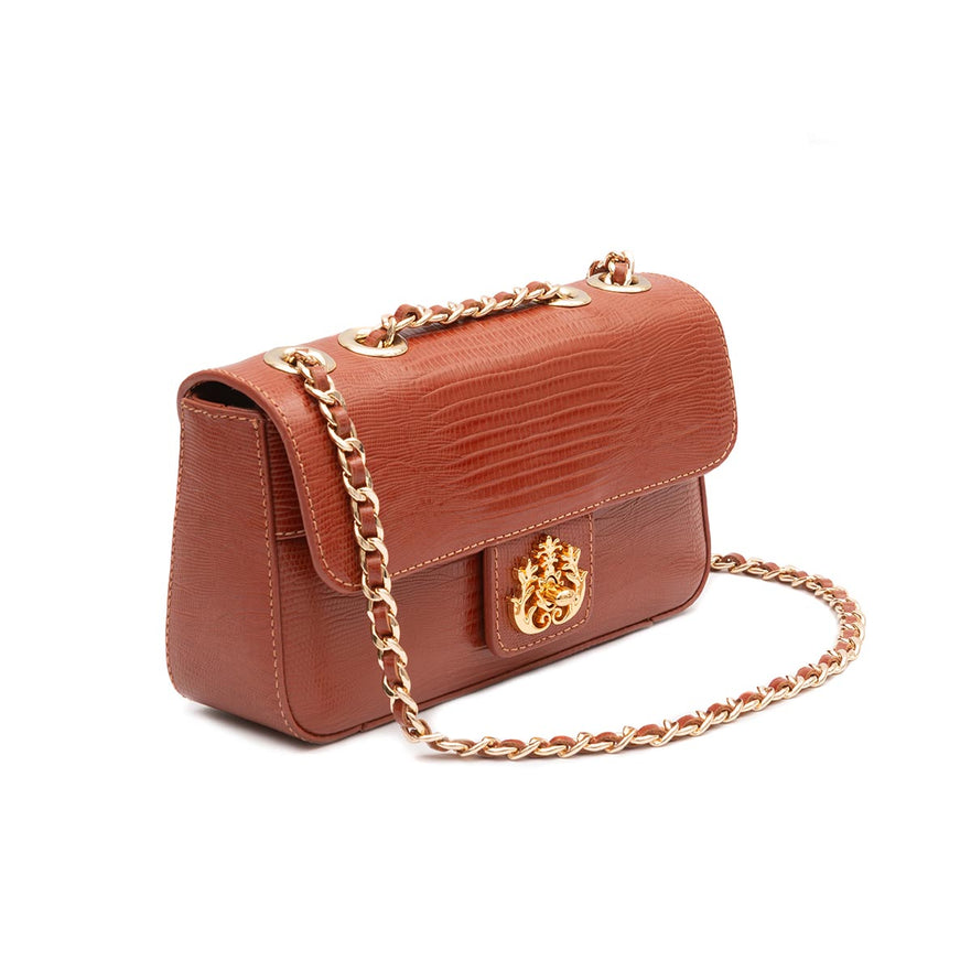 BOLSA ANNE EM COURO LIZARD JASPE OURO