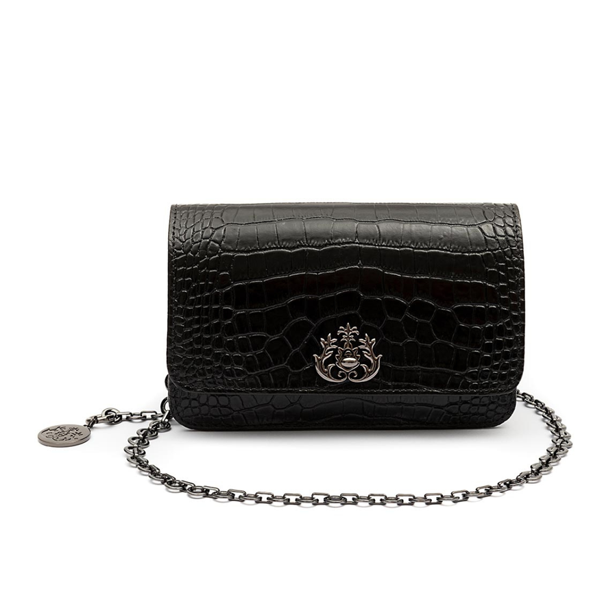 BOLSA CARTEIRA COM CORRENTE TRANSVERSAL FOREVER NEW CROCO PRETO ONIX