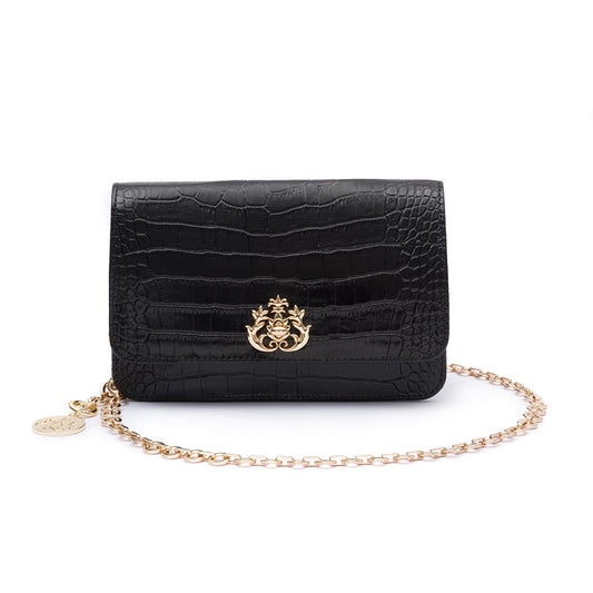 BOLSA CARTEIRA COM CORRENTE TRANSVERSAL FOREVER NEW CROCO PRETO OURO