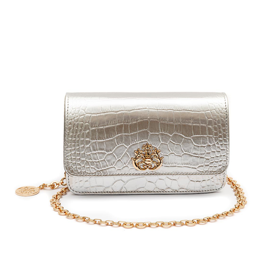 BOLSA CARTEIRA COM CORRENTE TRANSVERSAL FOREVER NEW CROCO PRATA OURO