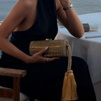BOLSA CLUTCH CILÍNDRICA MÉDIA DE CRISTAIS OURO