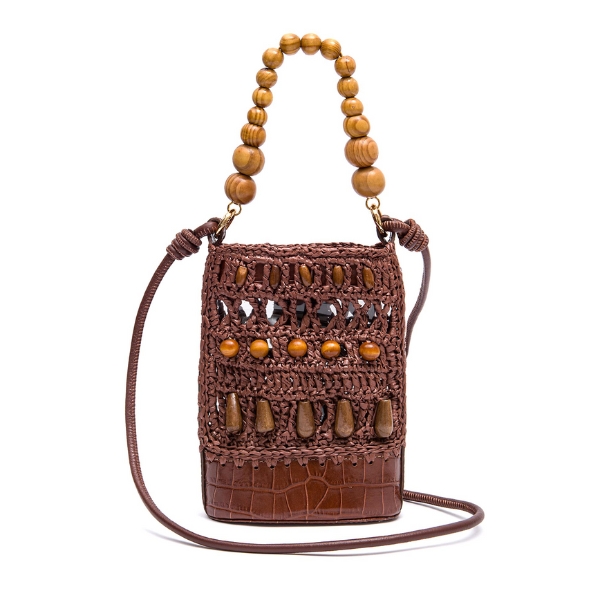 BOLSA BUCKET CORA RAFIA CASTANHO CACAU