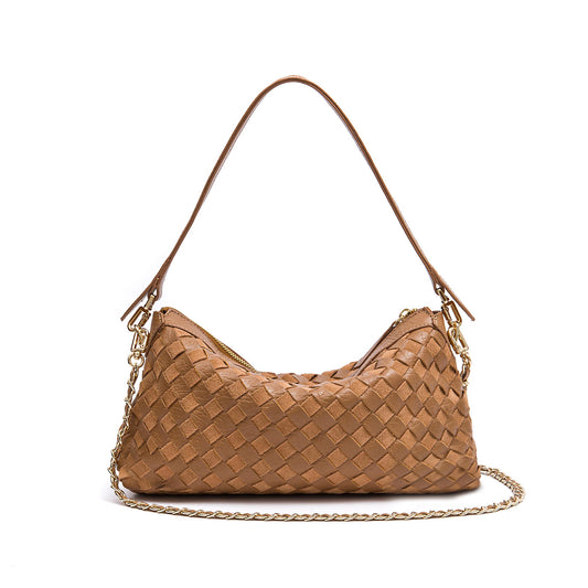 BOLSA ÍSIS WOVEN SHOULDER COURO TRESSÊ PEQUENE AMÊNDOA
