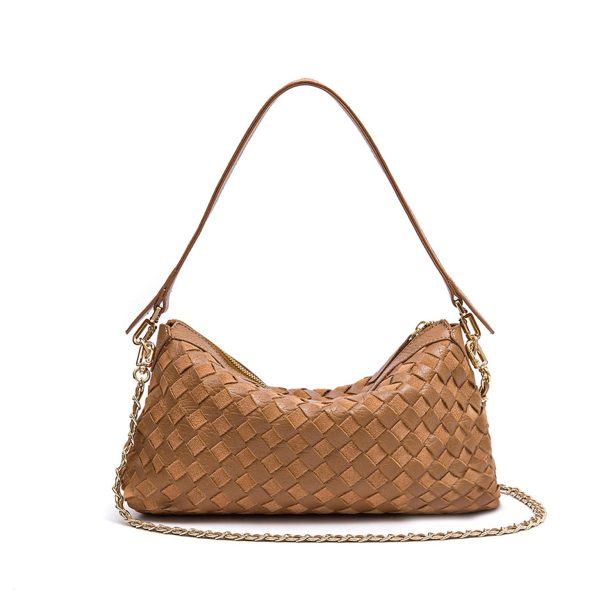 BOLSA ÍSIS WOVEN SHOULDER COURO TRESSÊ PEQUENE AMÊNDOA