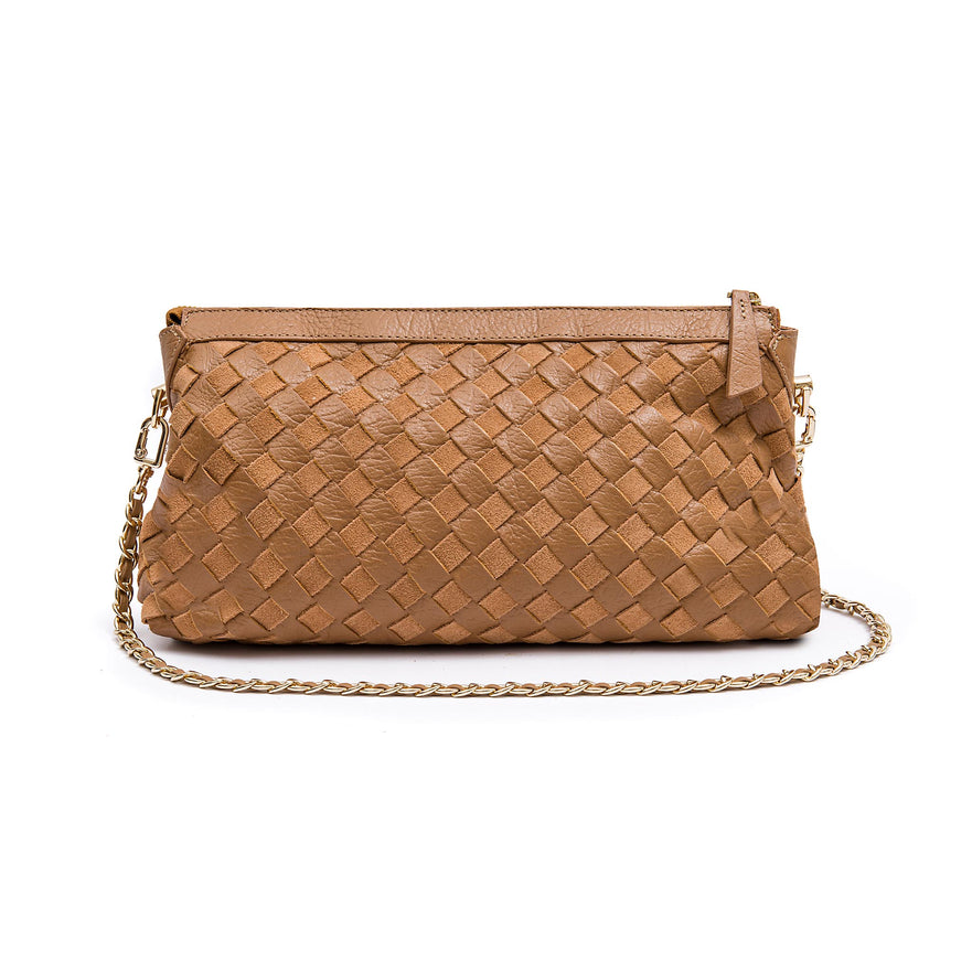 BOLSA ÍSIS WOVEN SHOULDER COURO TRESSÊ PEQUENE AMÊNDOA