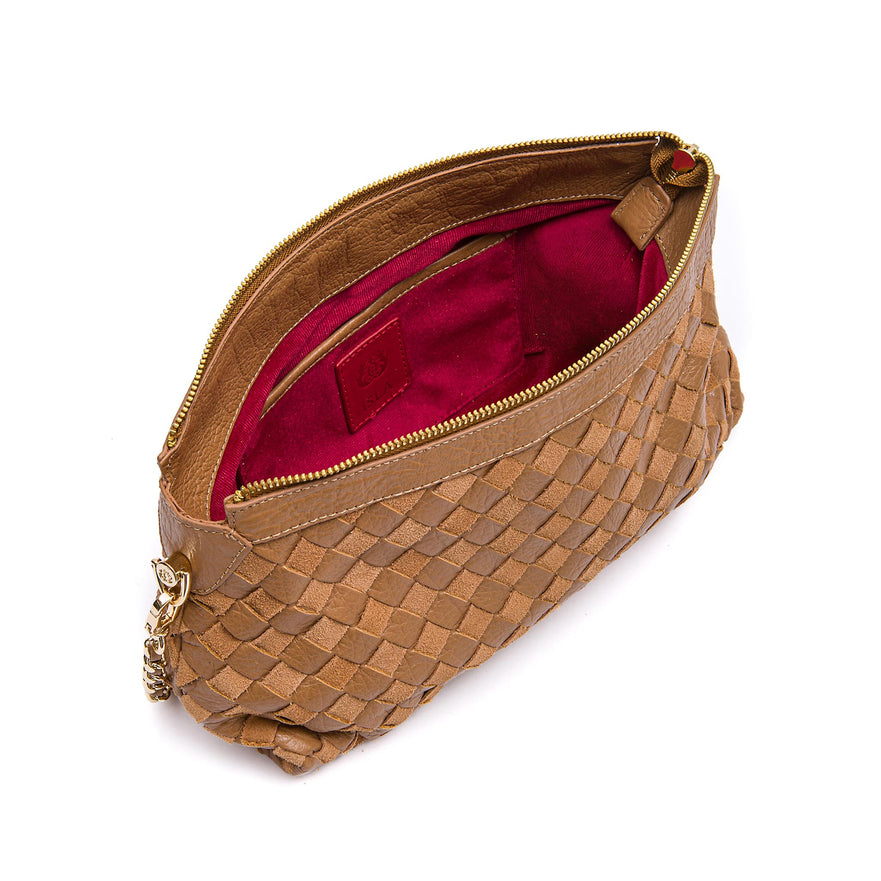 BOLSA ÍSIS WOVEN SHOULDER COURO TRESSÊ PEQUENE AMÊNDOA