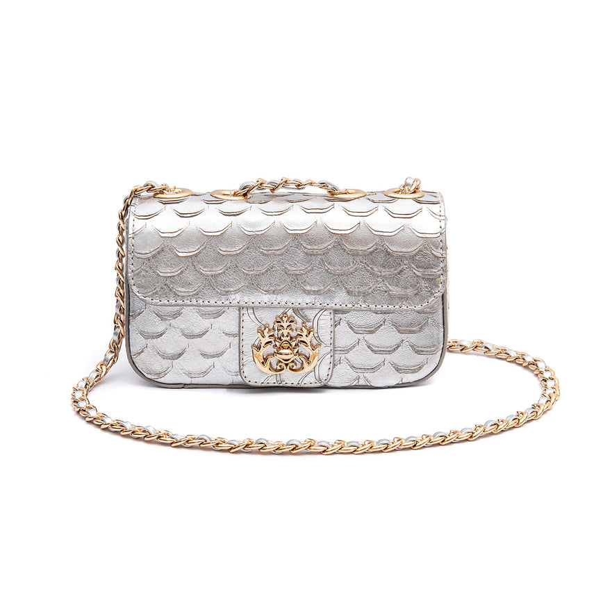 BOLSA BAGUETE ANNE MINI COURO ESCAMAS PRATA