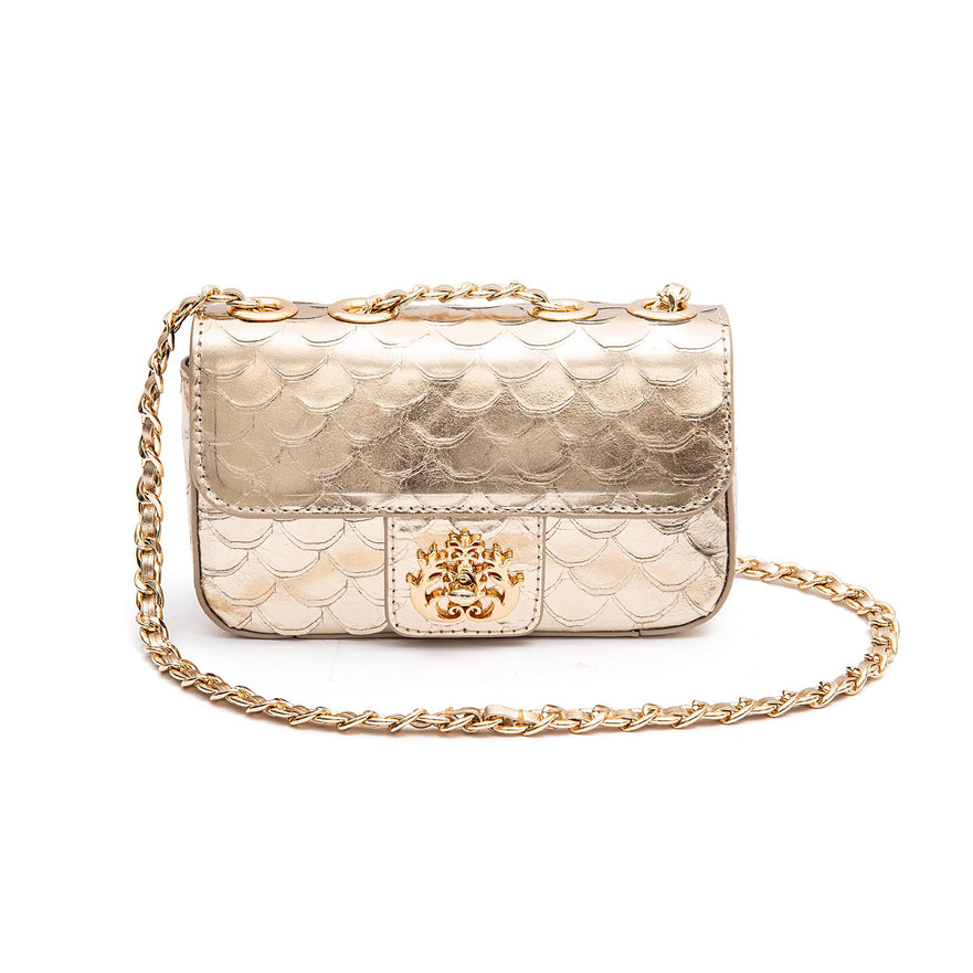 BOLSA BAGUETE ANNE MINI COURO ESCAMAS OURO