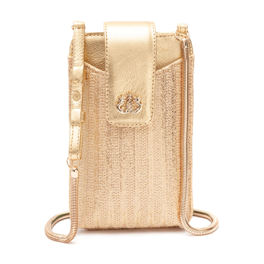 GOLD STRAW CROSSBODY PHONE POUCH