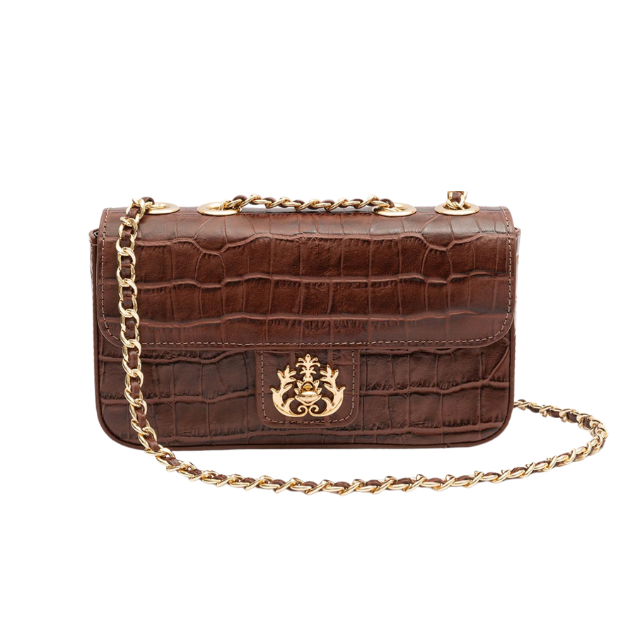 BOLSA ANNE EM COURO NEW CROCO PINHÃO OURO
