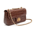 BOLSA ANNE EM COURO NEW CROCO PINHÃO OURO
