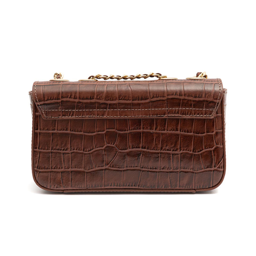 BOLSA ANNE EM COURO NEW CROCO PINHÃO OURO