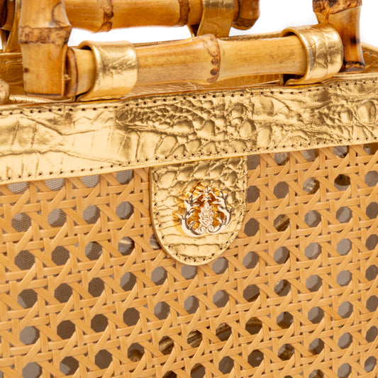 DIANA MEDIUM BAG IN NATURAL LEATHER AND INDIAN STRAW NEW CROCO GOLD