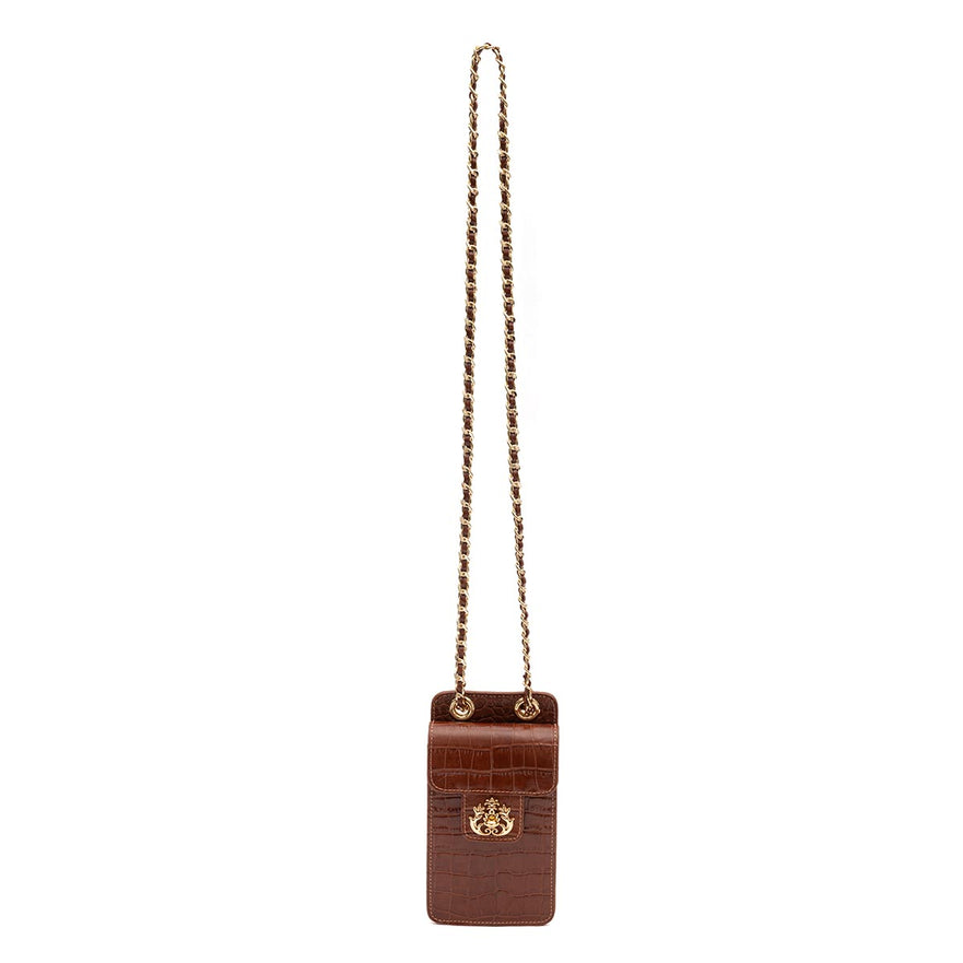 POUCH ANNE COM TAMPA MAXI CROCO BROWNIE OURO