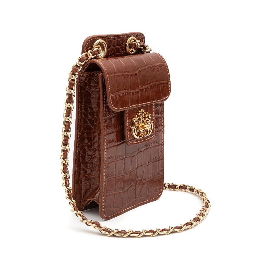 POUCH ANNE COM TAMPA MAXI CROCO BROWNIE OURO
