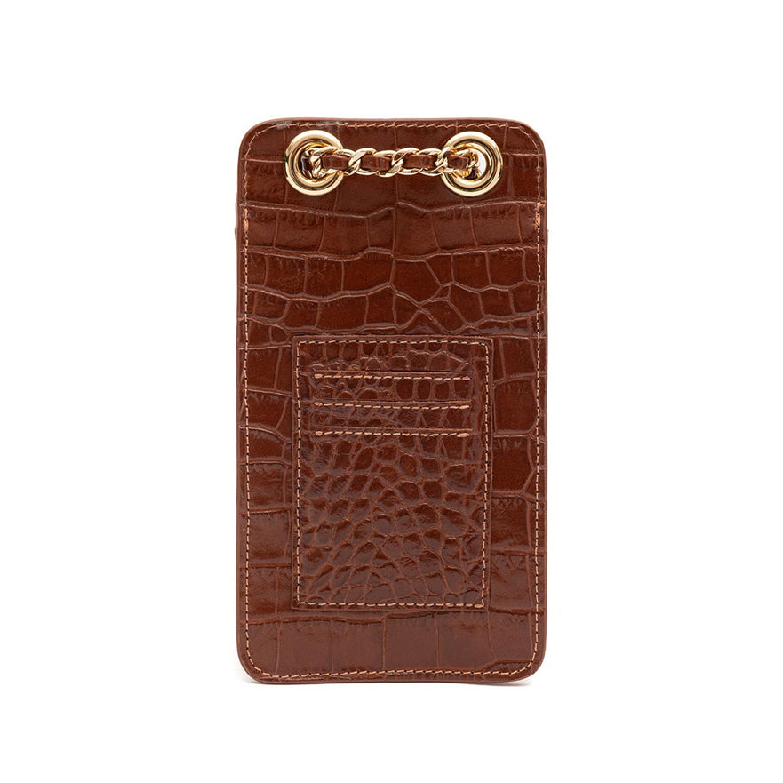 POUCH ANNE COM TAMPA MAXI CROCO BROWNIE OURO